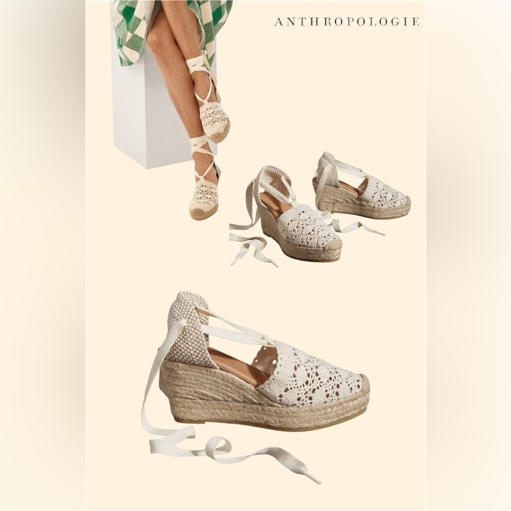🛍️SALE🛍️ Anthropologie Emmylou Cream Crochet Lace-Up Wedge Espadrilles